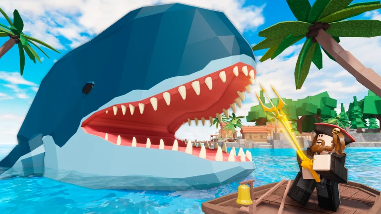ภาพตัวอย่างฉากตกปลาและฉลามจากหน้าเกม Fisch บน Roblox