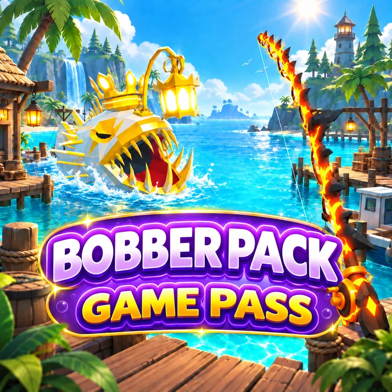 Bobber Pack — Fisch Game Pass บนฉากท่าเรือพร้อมปลาและเบ็ด