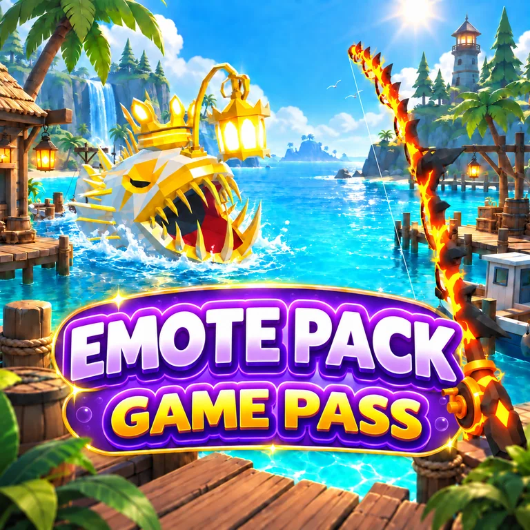 Emote Pack — Fisch Game Pass บนฉากท่าเรือพร้อมปลาและเบ็ด