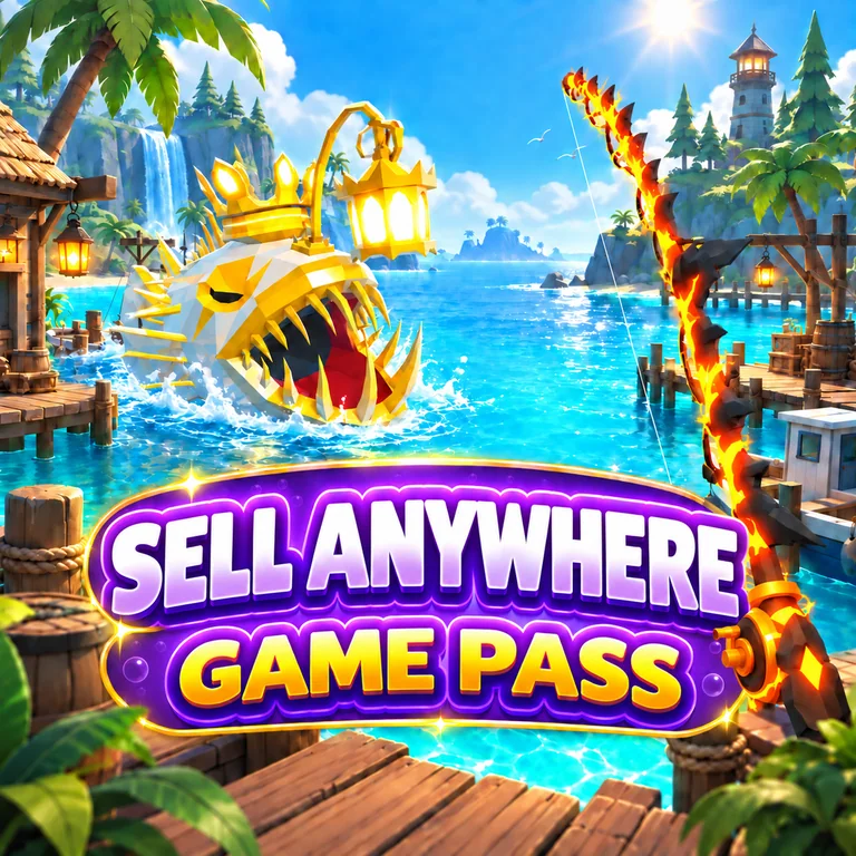 Sell Anywhere — Fisch Game Pass บนฉากท่าเรือพร้อมปลาและเบ็ด
