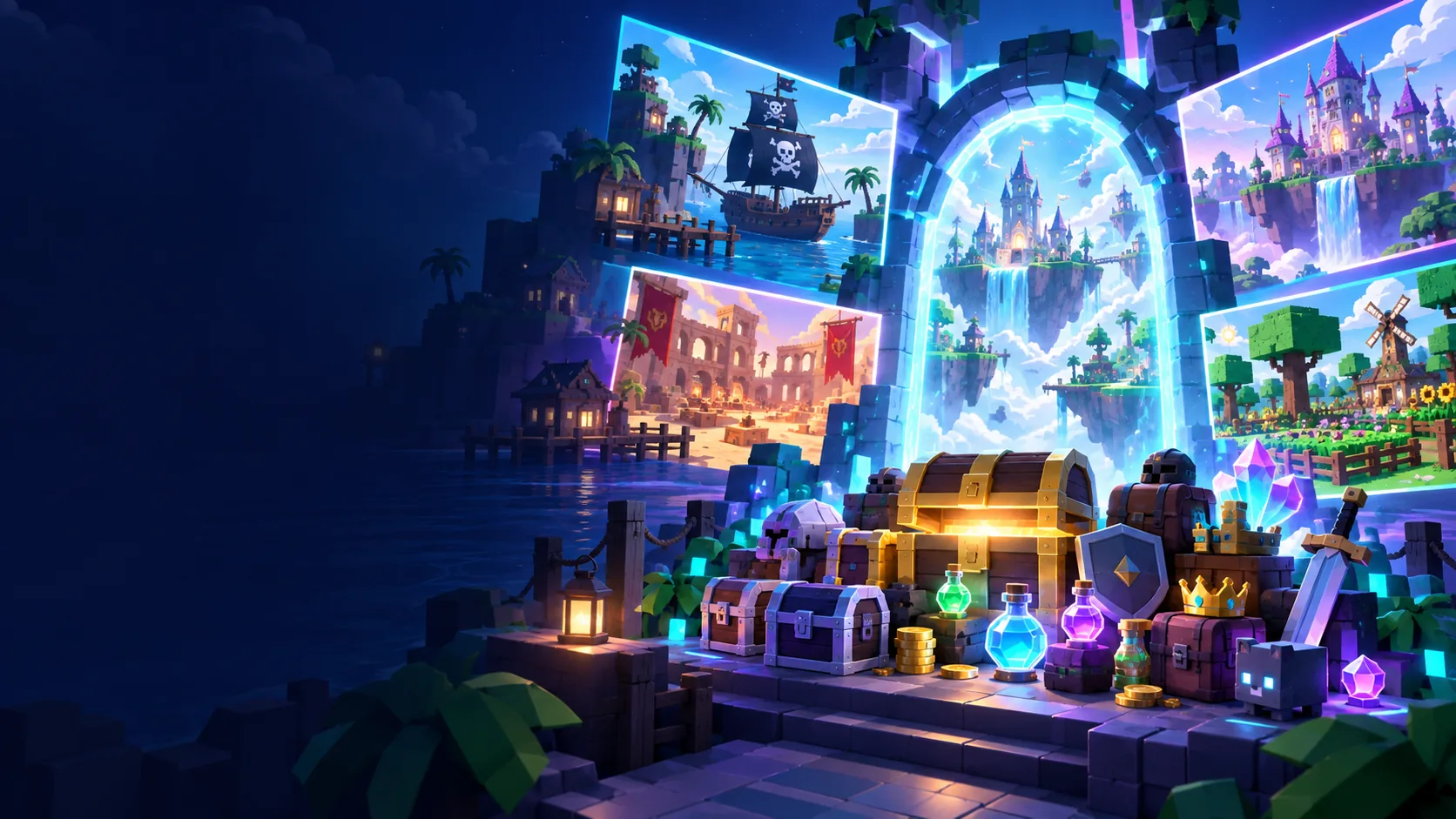 ภาพประกอบพอร์ทัลหลายแผนที่และหีบไอเทม สำหรับบริการจัดหาไอเทม Roblox