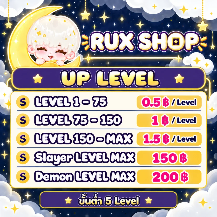 ราคาอัปเลเวล Project Slayers 2 เริ่ม 0.5 บาทต่อ Level ขั้นต่ำ 5 Level